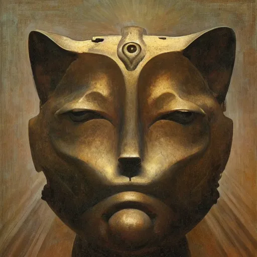 Image similar to masterpiece painting of an ancient bronze sculpture of a mechanical cat head, by annie swynnerton and diego rivera and nicholas roerich and jean delville and charlie bowater, symbolist, dramatic lighting, god rays, elaborate geometric ornament, art brut, rich colors, smooth sharp focus, extremely detailed, adolf wolfli