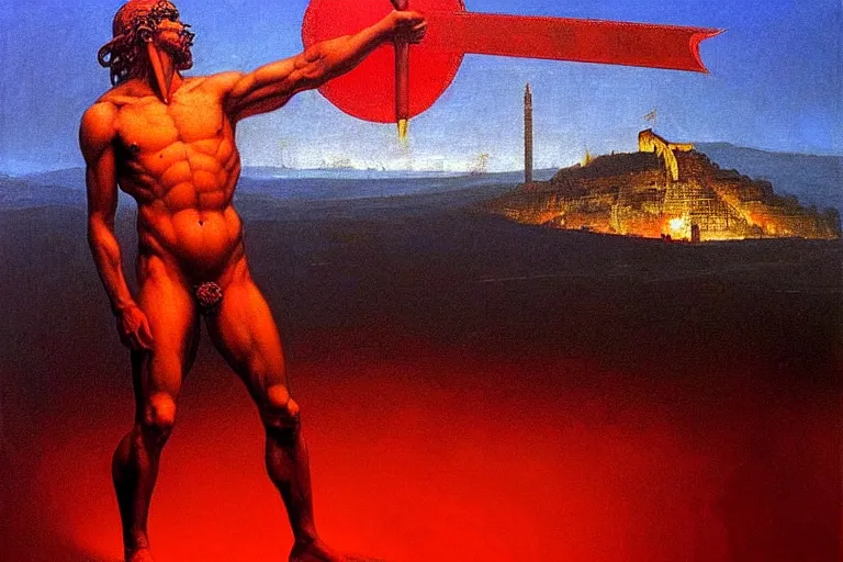 Image similar to only with red, a red melted apollo with a laurel wreath and a flaming sword announce the win, athens in the background, in the style of beksinski, part by hopper, part by rodcenko, part by hofbauer, intricate composition, red by caravaggio, insanely quality, highly detailed, masterpiece, red light, artstation