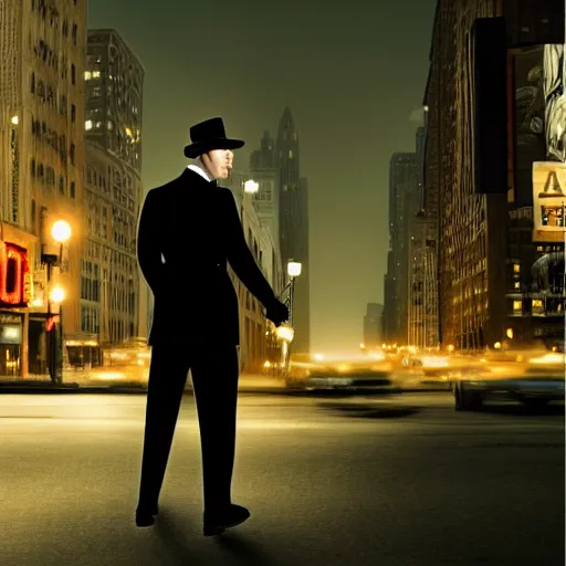 Prompt: a picture of a man with the face of humphrey bogart, wearing a 1 9 4 0's noire detective outfit, standing in the streets of chicago at night, 4 k octane render highly realistic digital painting