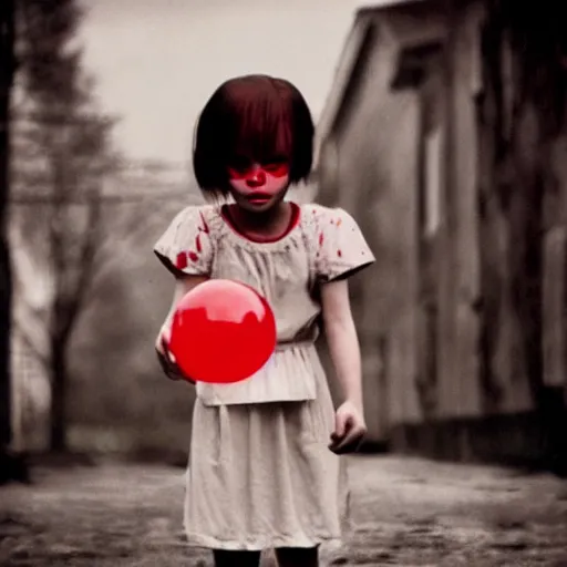 Prompt: dystopian grunge disposable camera photo of a possessed little girl holding a red balloon | horror | nightmare