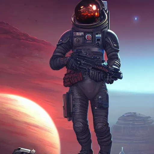 Image similar to space soldier on mars with a gun, space city with floating islands in the background, with surrounding floating islands, a highly detailed, digital painting, artstation, concept art, matte, sharp focus, illustration, art by artgerm and greg rutkowski