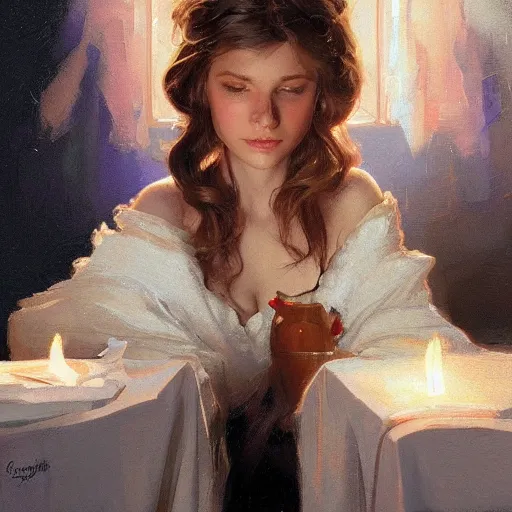 Prompt: sargent and leyendecker and greg hildebrandt, head and shoulders portrait of a cute russian girl with long hair by the fireplace, stephen bliss, unreal engine, fantasy art by greg rutkowski, loish, rhads, ferdinand knab, makoto shinkai, ilya kuvshinov, rossdraws, global illumination, radiant light, detailed and intricate environment