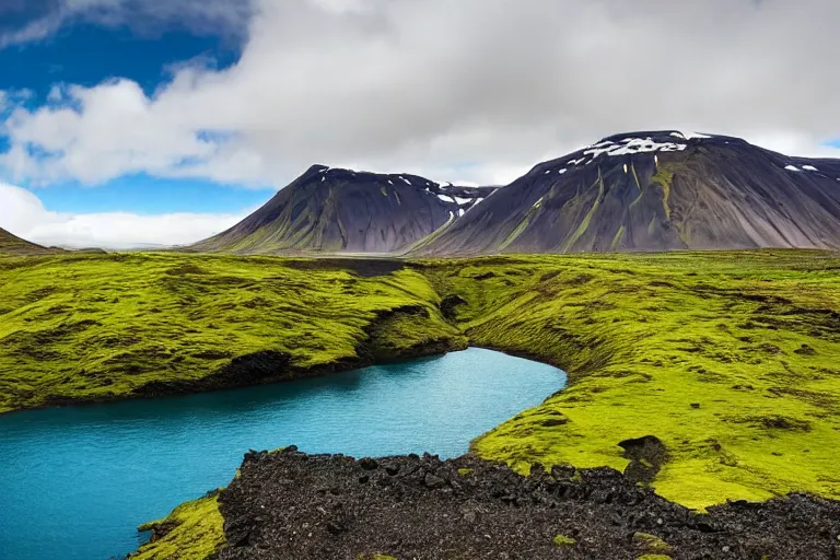 Prompt: far away photo of a landscape with mountains, waterfalls, wallpaper, very very wide shot, blue glacier, iceland, new zeeland, green flush moss, national geographics, professional landscape photography, sunny, day time, beautiful