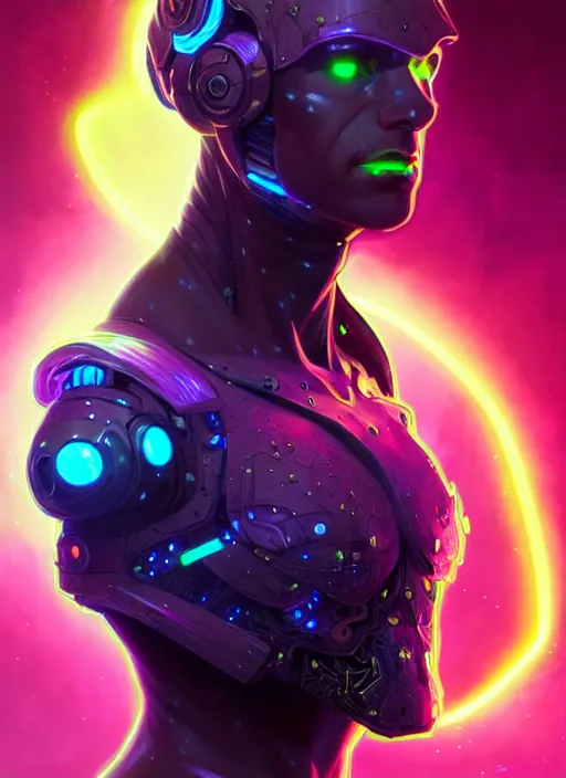 Prompt: a male cyborg faceless glowing liquefied stardust adventurer, dnd fantasy character, full body portrait, glowing neon skin, magical aura, ultra realistic, intricate, elegant, highly detailed, digital painting, artstation, smooth, sharp, focus, illustration, art by artgerm and greg rutkowski and alphonse mucha