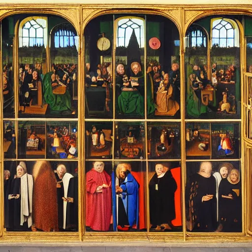 Image similar to A group of people on their smartphones, clearly-defined smartphone, in the style of Jan van Eyck