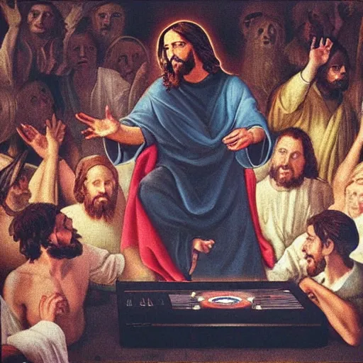 Prompt: jesus is a disk jockey in a london discotheque