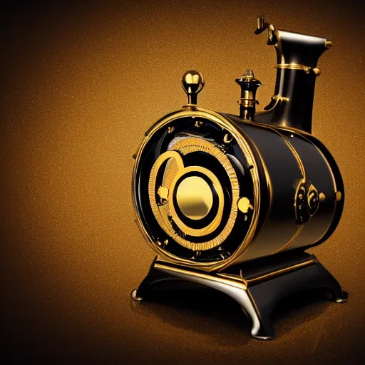 Image similar to steampunk roaster gold and black, shiny golden, studio light, 4 k, highly detailed, black background, light on top