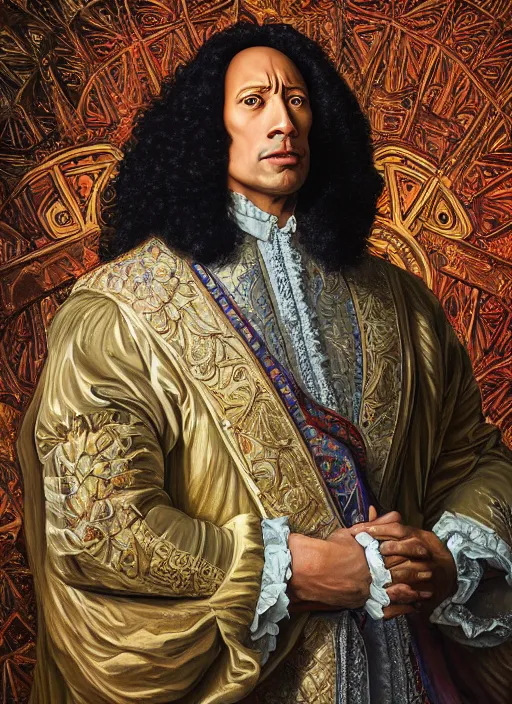 Image similar to beautiful oil painting, portrait of Dwayne the rock Johnson as Louis xiv in coronation robes 1701, Dan Mumford, Dan Mumford, Alex grey, Alex grey, lsd visuals, dmt fractal patterns, entheogen, psychedelic, hallucinogen, highly detailed, ornate, vaporwave