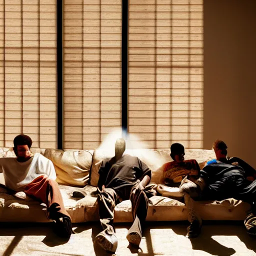 Image similar to gang members chilling around dirty couch in a beige room smoking thick volumetric dust god rays shines through the blinds kinda atmosphere jonathan zawada style photography