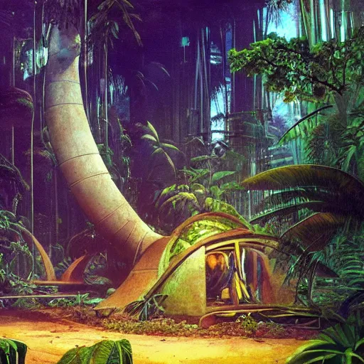 Prompt: ancient monument in the jungle, lost alien civilization, ancient alien tools and houses, tropical forest, glowing alien monuments, alien relic, syd mead, john harris, art station, flowers