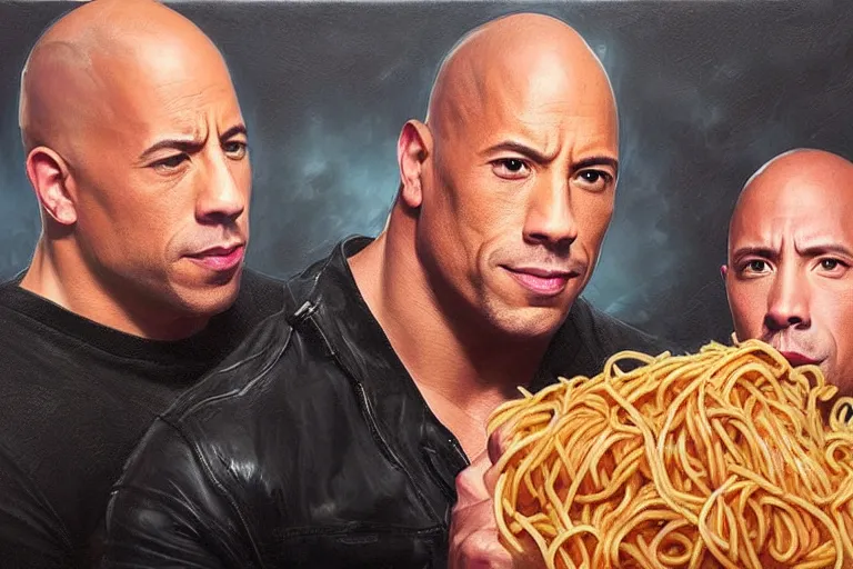 Image similar to portrait of vin diesel and dwayne the rock johnson sharing spaghetti noodle kiss, an oil painting by ross tran and thomas kincade