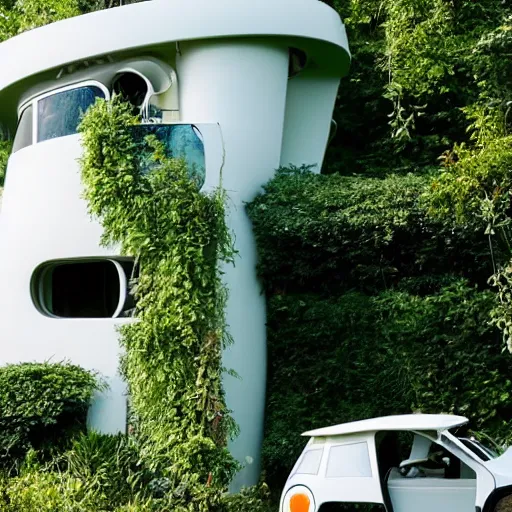 Prompt: futuristic house white covered in plants, hanging vines, motorcycle