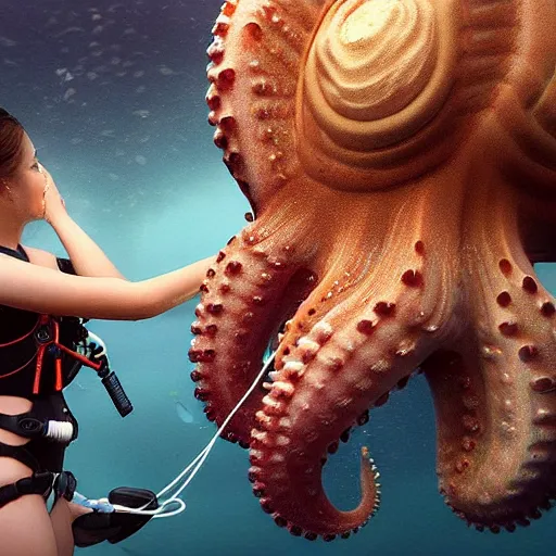 Image similar to a professional diver meets an unknown underwater species of octopus, made by Stanley Artgerm Lau, WLOP, Rossdraws, ArtStation, CGSociety, concept art, cgsociety, octane render, trending on artstation, artstationHD, artstationHQ, unreal engine, 4k, 8k,