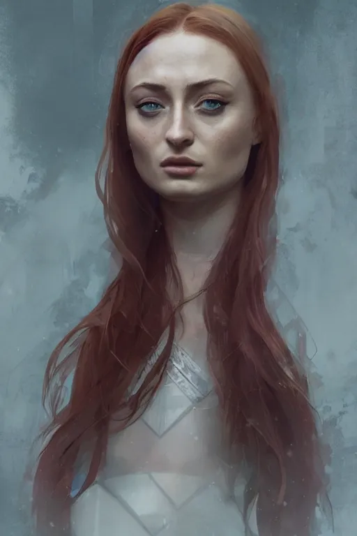 Image similar to a potrait of Sophie Turner as Kryptonian by Greg Rutkowski, Sung Choi, Mitchell Mohrhauser, Maciej Kuciara, Johnson Ting, Maxim Verehin, Peter Konig, 8k photorealistic, cinematic lighting, HD, high details, dramatic, trending on artstation, full body shot