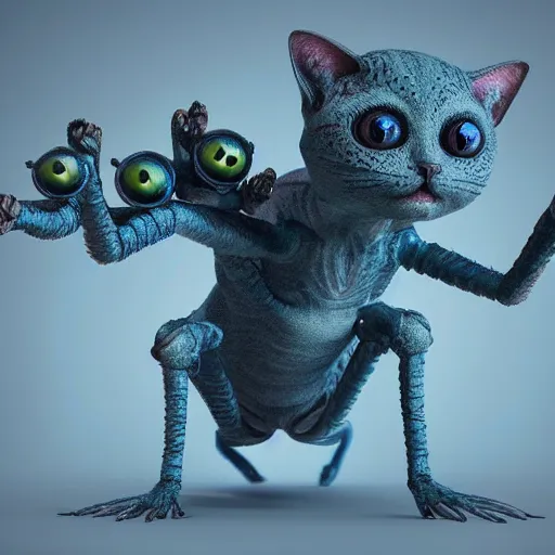 Image similar to cute alien cat insect hybrid creature with many eyes, many arms, many legs with radial symmetry detailed character concept 3 d pixar style render 4 k