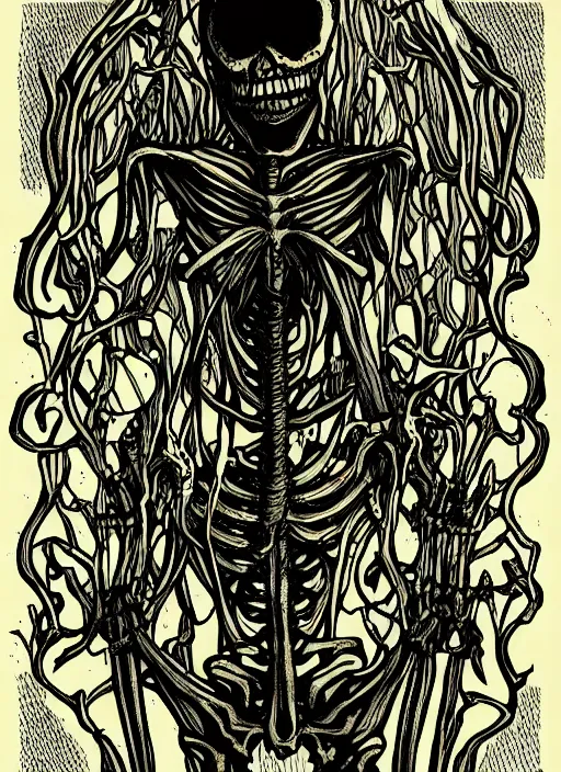 Prompt: a creepy alien skeleton, spooky halloween theme, color illustration line art style