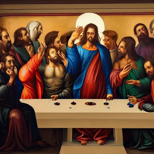 Image similar to a religious icon of elon musk having his last supper with ceos as disciples, oil on canvas by michaelangelo