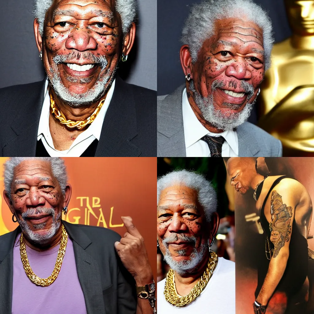 Prompt: Morgan freeman with tattoos and gold chains