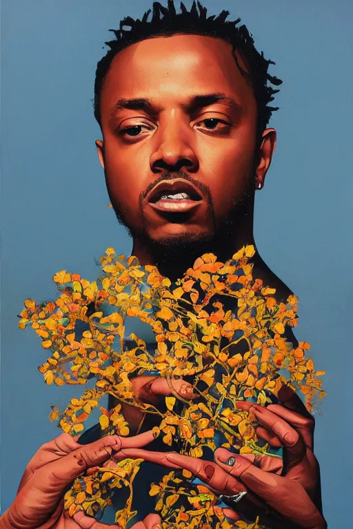 Image similar to Kendrick lamar, portrait by Kehinde Wiley!!, oil paint on canvas, brushstrokes,