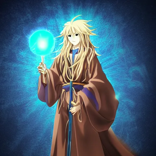 Prompt: a beautiful anime character wizard with free flowing hair holding a staff that has a glowing blue orb at the head of it high detail, high resolution