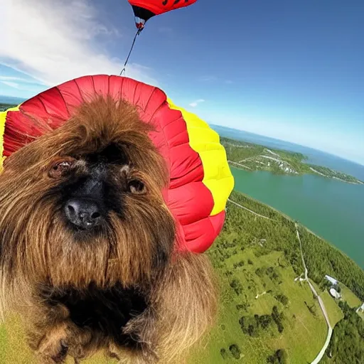 Image similar to a hairy dog with a big parachute jumping from a cliff. captured by a drone. wide camera. epic