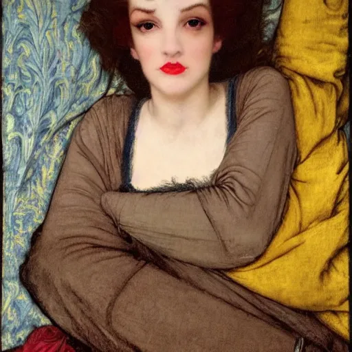 Image similar to reclining on bed, hybrid of judy garland and a hybrid of lady gaga and tom hanks, aged 2 5, brown fringe, large full lips, wide shot, yellow ochre ornate medieval dress, john william waterhouse, kilian eng, rosetti, john everett millais, william holman hunt, william morris, 4 k