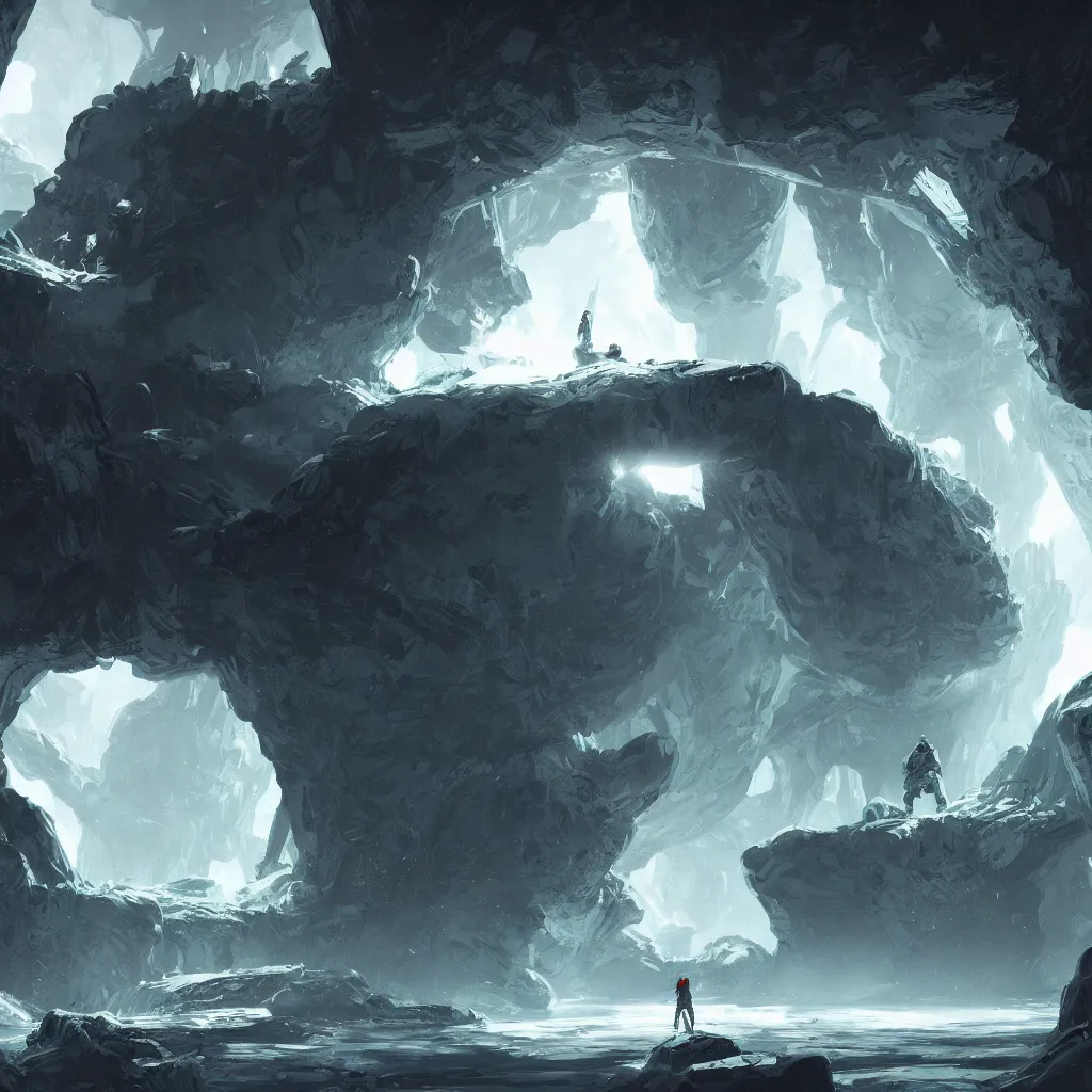 Prompt: no man sky concept art, sci-fi, intricate, elegant, highly detailed, soft white glow, watery cave, tall white glowing mineral veins, digital painting, artstation, concept art, smooth, sharp focus, illustration