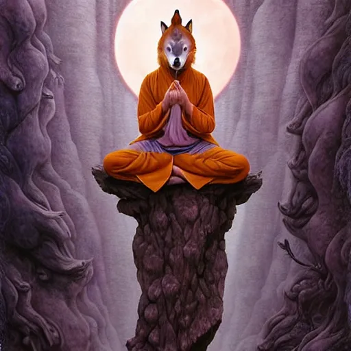 Image similar to a wolf! dressed like a shaolin monk meditating in a zen garden with a waterfall under the blood moon, by Adi granov and afarin sajedi and amanda sage and evgeni gordiets and Agostino Arrivabene and adonna khare in a psychedelic portrait style, ultrarealistic matte painting, volumetric lighting, fractal, extremely symmetrical, highly detailed face, orisha, 8k, hd