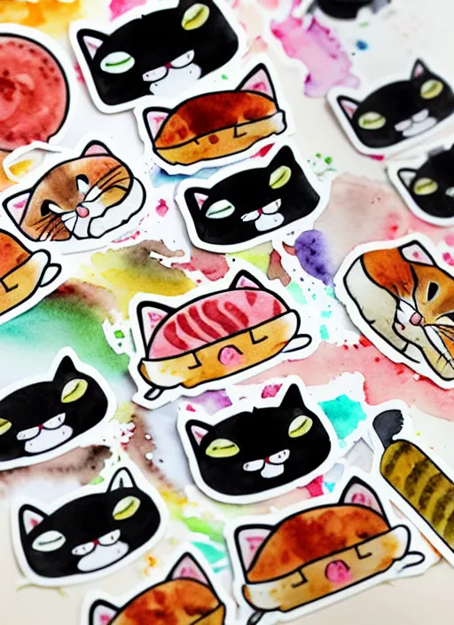 Image similar to cute cats and sushi watercolour sticker sheet