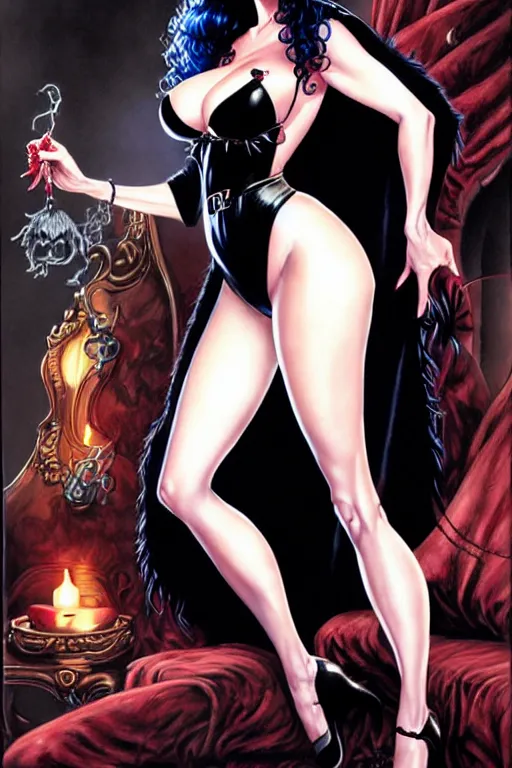 Image similar to a ( beautiful masterpiece highly detailed ) full body portrait illustration of intimate alluring elvira! mistress of the dark by ralph horsely and artgerm and joe jusko, raven black, pearlescent white
