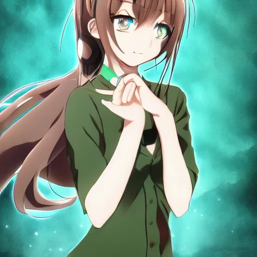 Image similar to key anime visual of a beautiful girl with brown hair and green eyes, trending on Pixiv; detailed