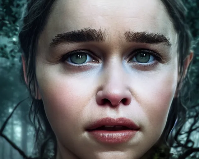 Image similar to 5 5 mm portrait photo of emilia clarke with a long face scar across her left cheek, in a magical forest. dark atmosphere. art by greg rutkowski. highly detailed 8 k. intricate. lifelike. soft light. nikon d 8 5 0.