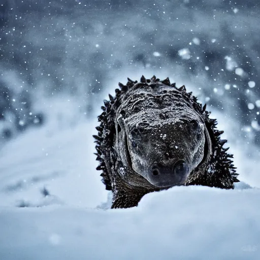 Image similar to photo of an aligator on snowy mountain peak, snow, 50mm, beautiful photo