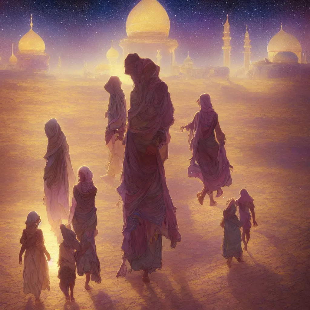 Image similar to bedouin man and woman and child in galaxy walking towards mosque surrounded by nebula, highly detailed, gold filigree, romantic storybook fantasy, soft cinematic lighting, award, disney concept art watercolor illustration by mandy jurgens and alphonse mucha and alena aenami, pastel color palette, featured on artstation