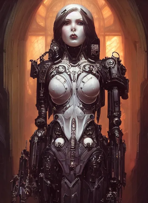 Image similar to portrait of beautiful pale gothic cyborg maiden, warhammer 40000, cyberpunk, intricate, elegant, highly detailed, digital painting, artstation, concept art, smooth, sharp focus, illustration, art by artgerm and greg rutkowski and alphonse mucha and Gustav Klimt