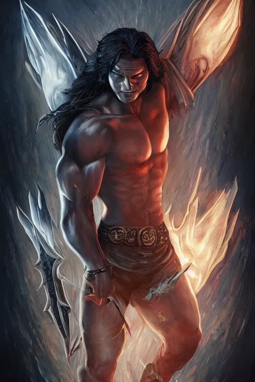 Image similar to portrait of attractive sam winchester as a rogue warrior, muscular chest tattooed with runes and symbols, d & d!, fantasy style, sharp focus!, ultra detailed, art by artgerm and peter andrew jones, wlop