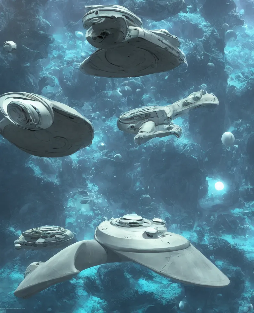 Image similar to white disc - shaped spacecraft submarine, fusion of subnautica and star trek, flying through a spectacular exotic underwater coral canyon, kelp forest, schools of fish, in the style of john eaves ron walotsky ralph mcquarrie, soft natural volumetric lighting, realistic 4 k unreal engine 5 beautifully detailed render, 4 k post processing, trending on artstation