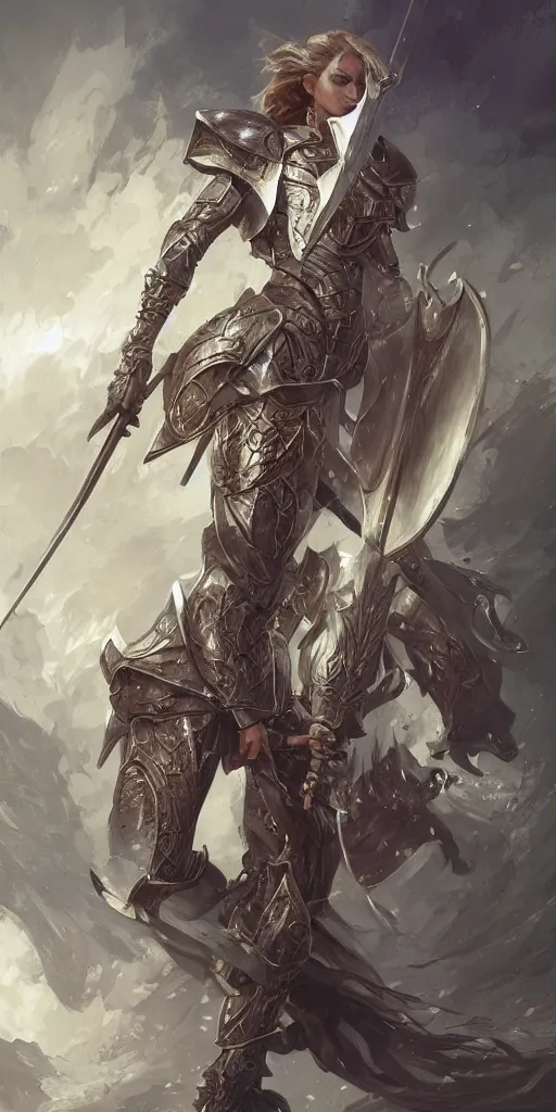 Image similar to frontal full body portrait of a single beautiful knight wielding a claymore, D&D, fantasy, intricate, elegant, highly detailed, digital painting, artstation, character concept art, character design, smooth, sharp focus, illustration, art by artgerm and greg rutkowski and alphonse mucha