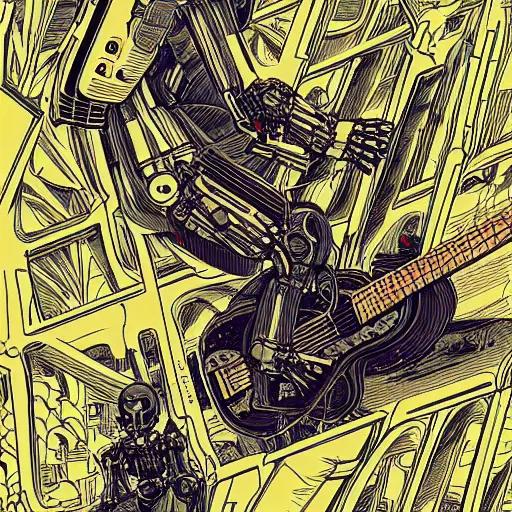 Image similar to illustration of a death robot playing guitar in a ruined street by kilian eng, katsuhiro otomo and jean giraud moebius, biomechanical