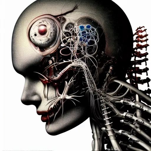 Image similar to portrait of neural nightmares by yoshitaka amano and HR Giger, detailed face face face face, facial structure, hd, 8k, very very very very electronic, biomechanical, biology, bio, neural machine, single subject, terror