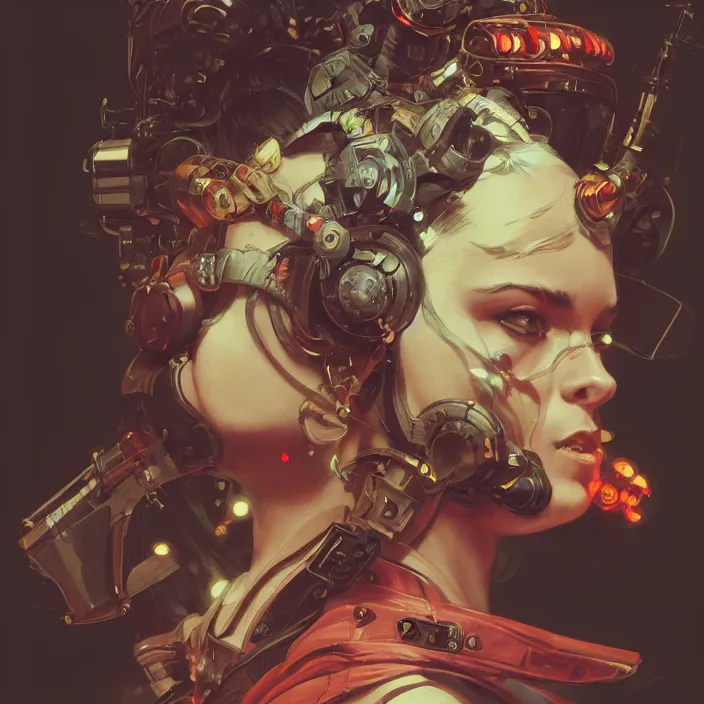 Image similar to a head and shoulders portrait of a space pirate, neon, retro, steampunk, smooth, sharp focus, intricate, artstation, detailed concept art by Caravaggio and Greg rutkowski and Sachin Teng and Thomas Kindkade and Alphonse Mucha and Norman Rockwell and Tom Bagshaw