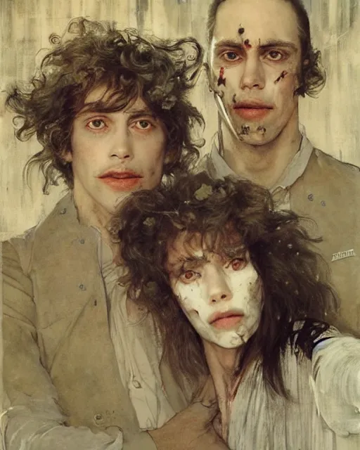 Image similar to two handsome but creepy siblings in layers of fear, with haunted eyes and wild hair, 1 9 7 0 s, seventies, wallpaper, a little blood, moonlight showing injuries, delicate embellishments, painterly, offset printing technique, by coby whitmore, jules bastien - lepage