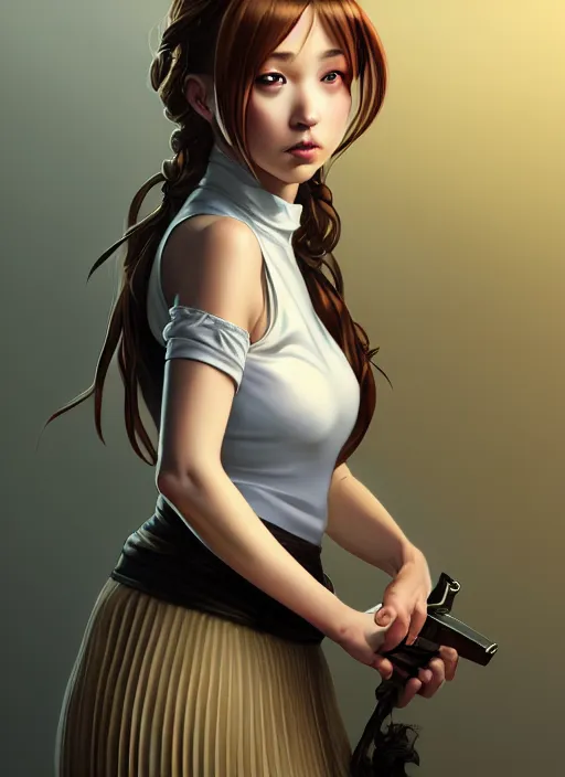 Image similar to portrait of a full body of beautiful young female detective, d & d, sleeveless turtleneck, pleated skirt, fantasy, flat lighting, intricate, highly detailed, digital painting, artstation, concept art, smooth, sharp focus, illustration, misa amane, art by simon bisley and greg rutkowski and alphonse mucha, natural tpose