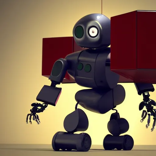 Image similar to a robot in the shape of a box, has 4 legs that end in wheels, k octante detailed render, cinematic lighting, post - processing