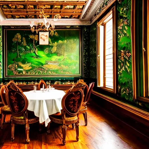 Image similar to beautiful 35mm footage landscape photography of a old Victorian Dining room, wood, green black gold brown colors, ornate wallpaper, stylistic furniture, window open to dark forest at night, wide-angle lens, detailed