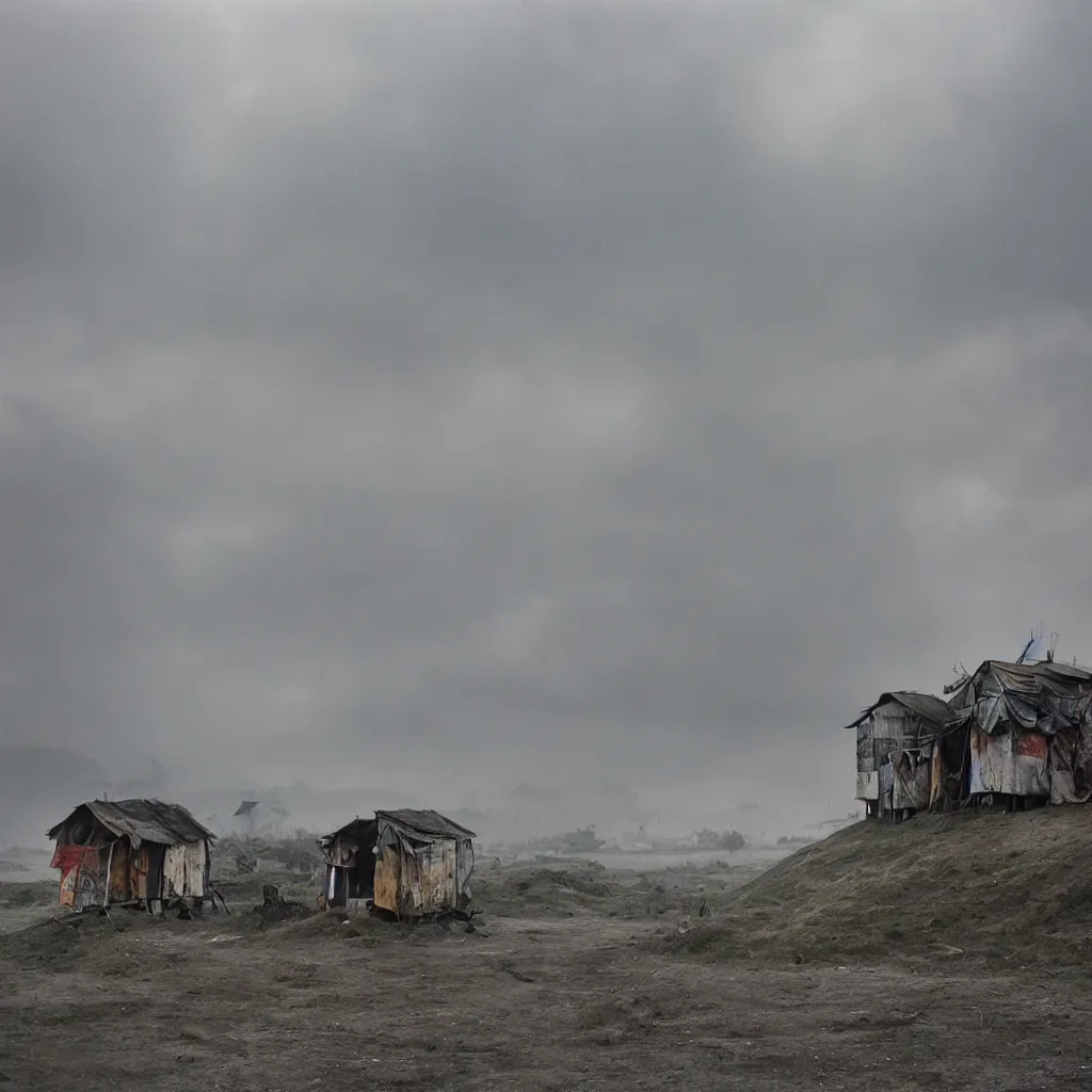 Prompt: two towers, made up of makeshift squatter shacks with faded colours in philippines, moody cloudy sky, uneven fog, dystopia, mamiya, f 1 1, fully frontal view, photographed by jeanette hagglund