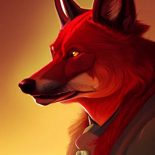 Prompt: portrait of a red color wolf with yellow horns in a suit, D&D, fantasy, elegant, badass, highly detailed, slim, digital painting, artstation, concept art, sharp focus, illustration