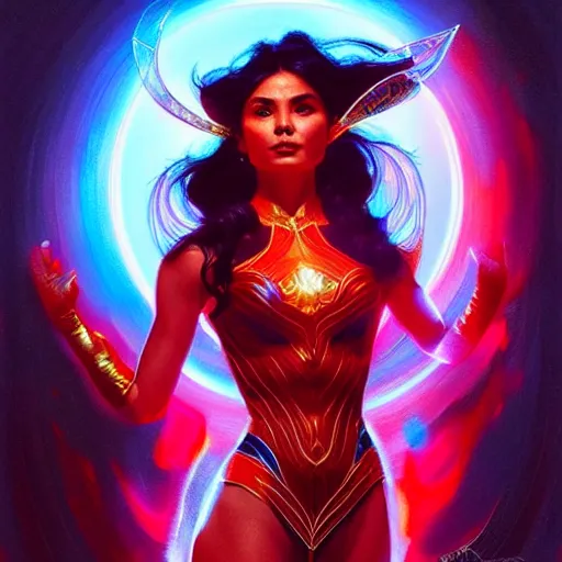 Image similar to lovi poe as darna, volumetric lights, red and cyan theme, art nouveau botanicals, intricate, highly detailed, digital painting, artstation, concept art, smooth, sharp focus, cinematic, illustration, beautiful face, art by artgerm and greg rutkowski and alphonse mucha