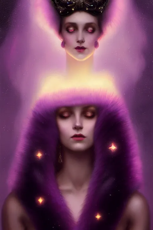 Image similar to Nocturne, glowing, stars, a portrait of a beautiful female shadow djinn creature with long fur collar, highly detailed, mysterious, ethereal, dressed in violet velvet, haute couture, illustration, dramatic lighting, soft details, painting, by Edmund Blair Leighton, Brom, Charlie Bowater, trending on artstation, faces by Tom Bagshaw, otto schmidt