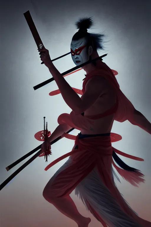 Prompt: elaborate illustration of an insane kabuki warrior wielding a spear striking a pose while emitting a visible aura of madness, crossed eyes, hazy atmosphere, greg rutkowski style, high quality, 8 k